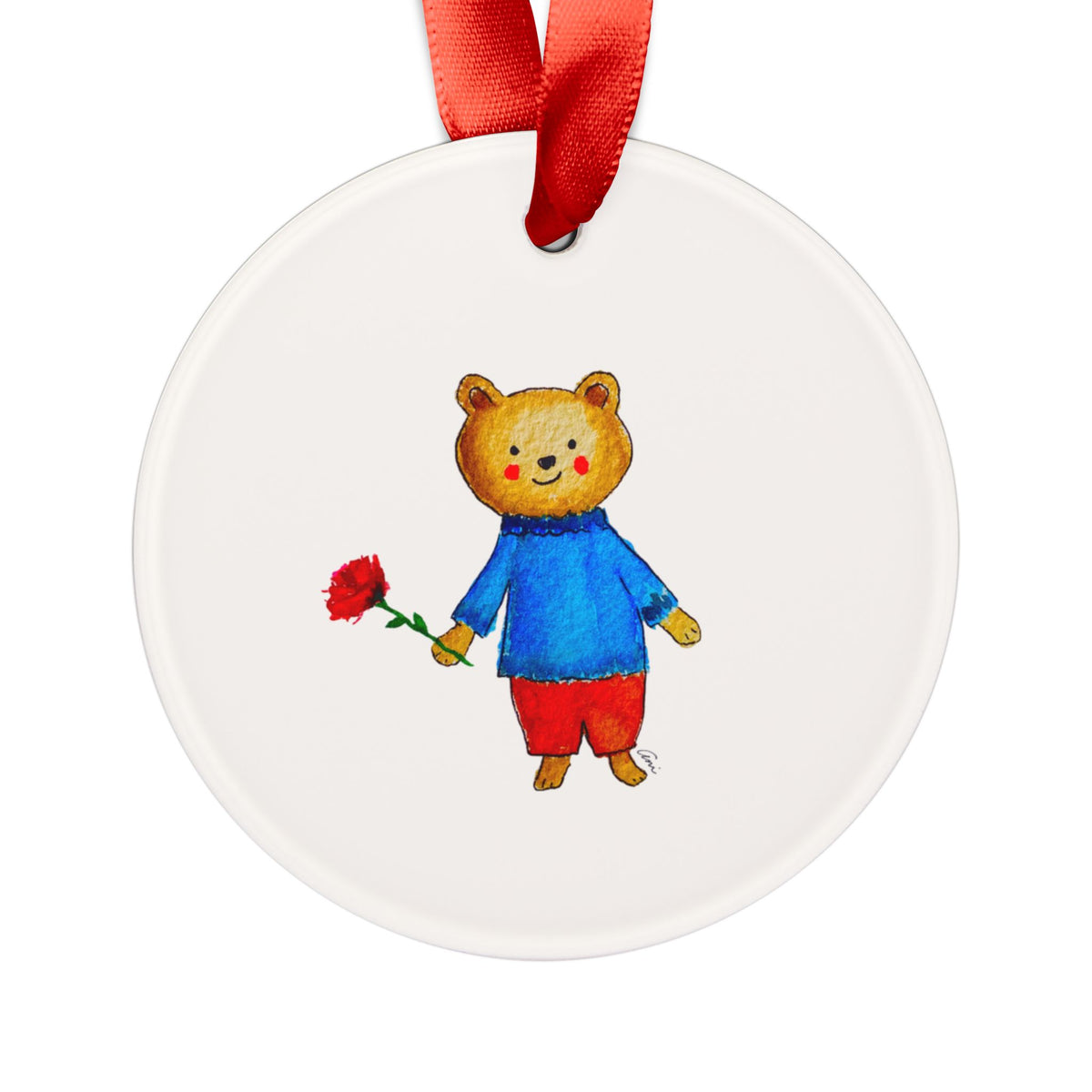 Bear with a Rose Acrylic Ornament with Ribbon