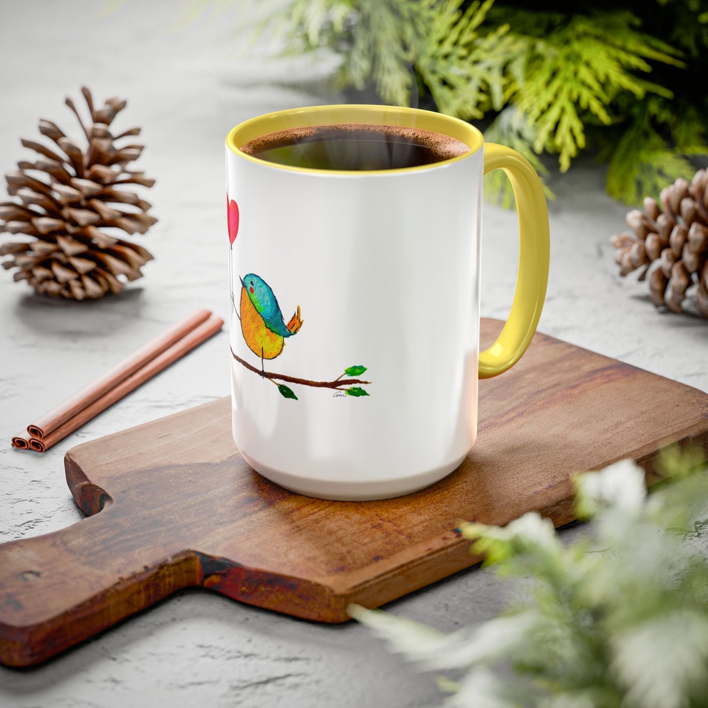 Bird with a Heart Balloon Accent Mug