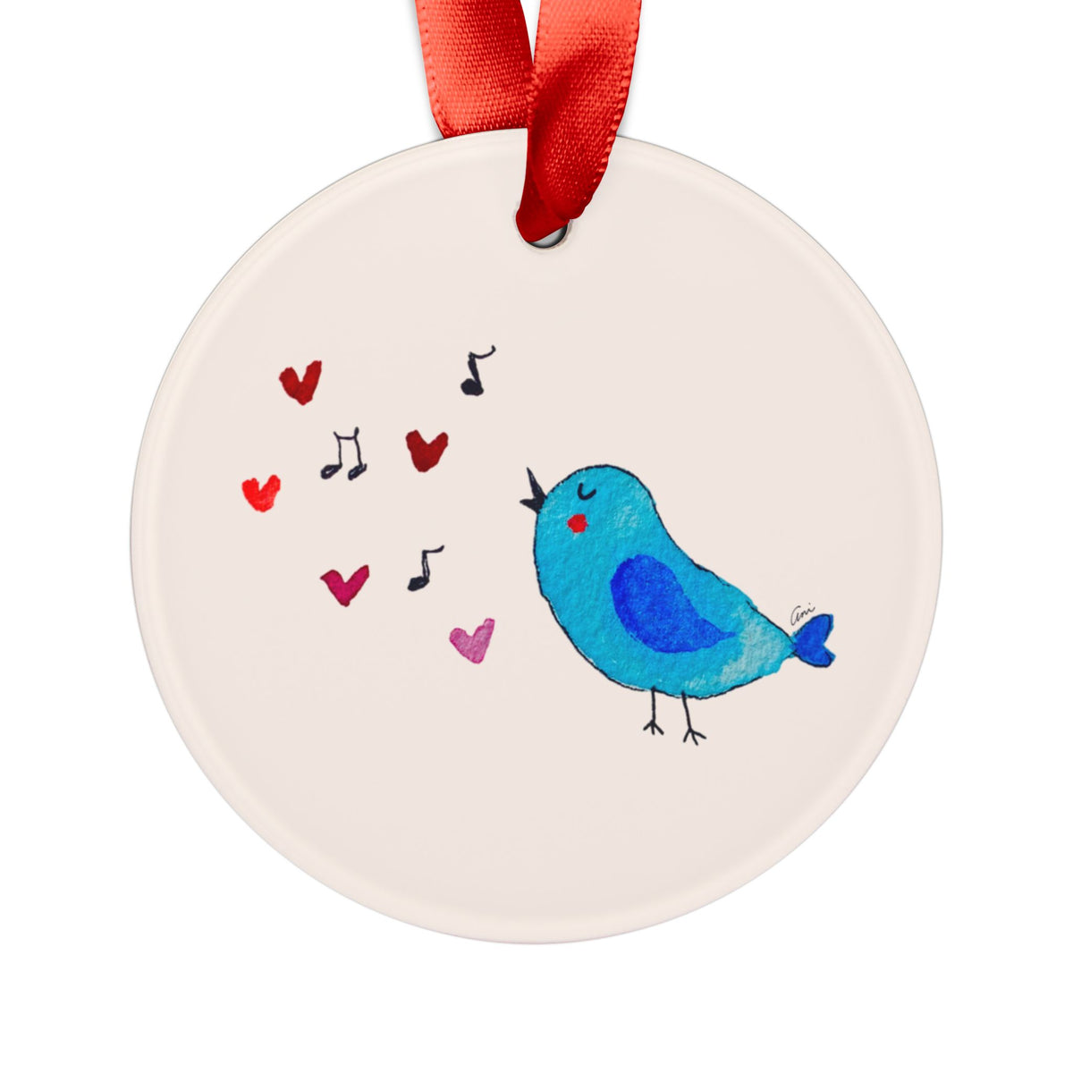 Blue Singing Bird Acrylic Ornament with Ribbon