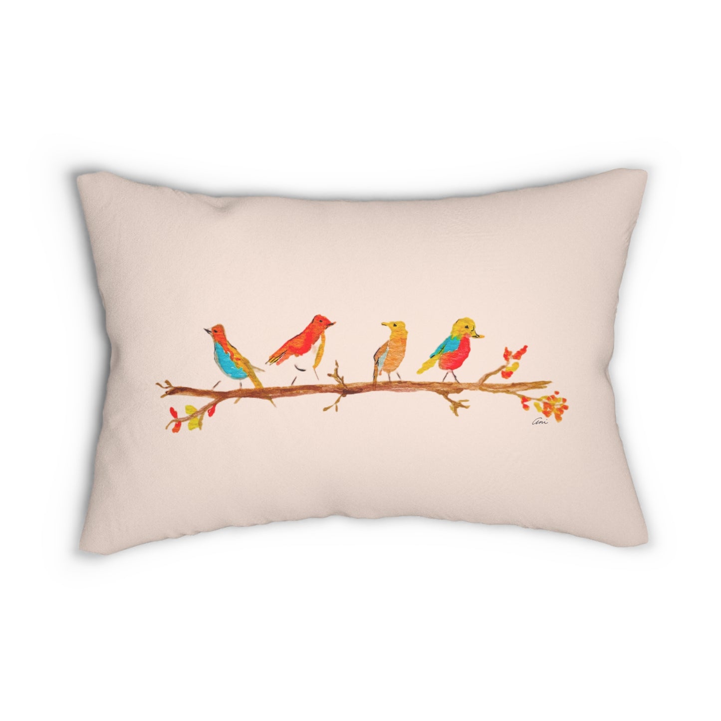 Birds on a Branch Cream Lumbar Pillow