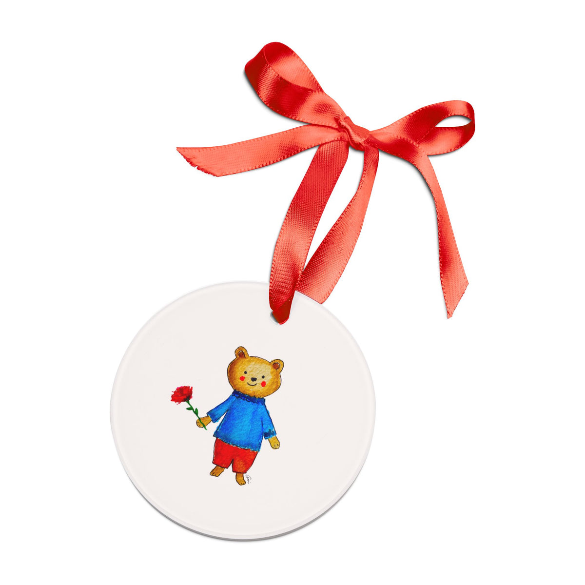 Bear with a Rose Acrylic Ornament with Ribbon