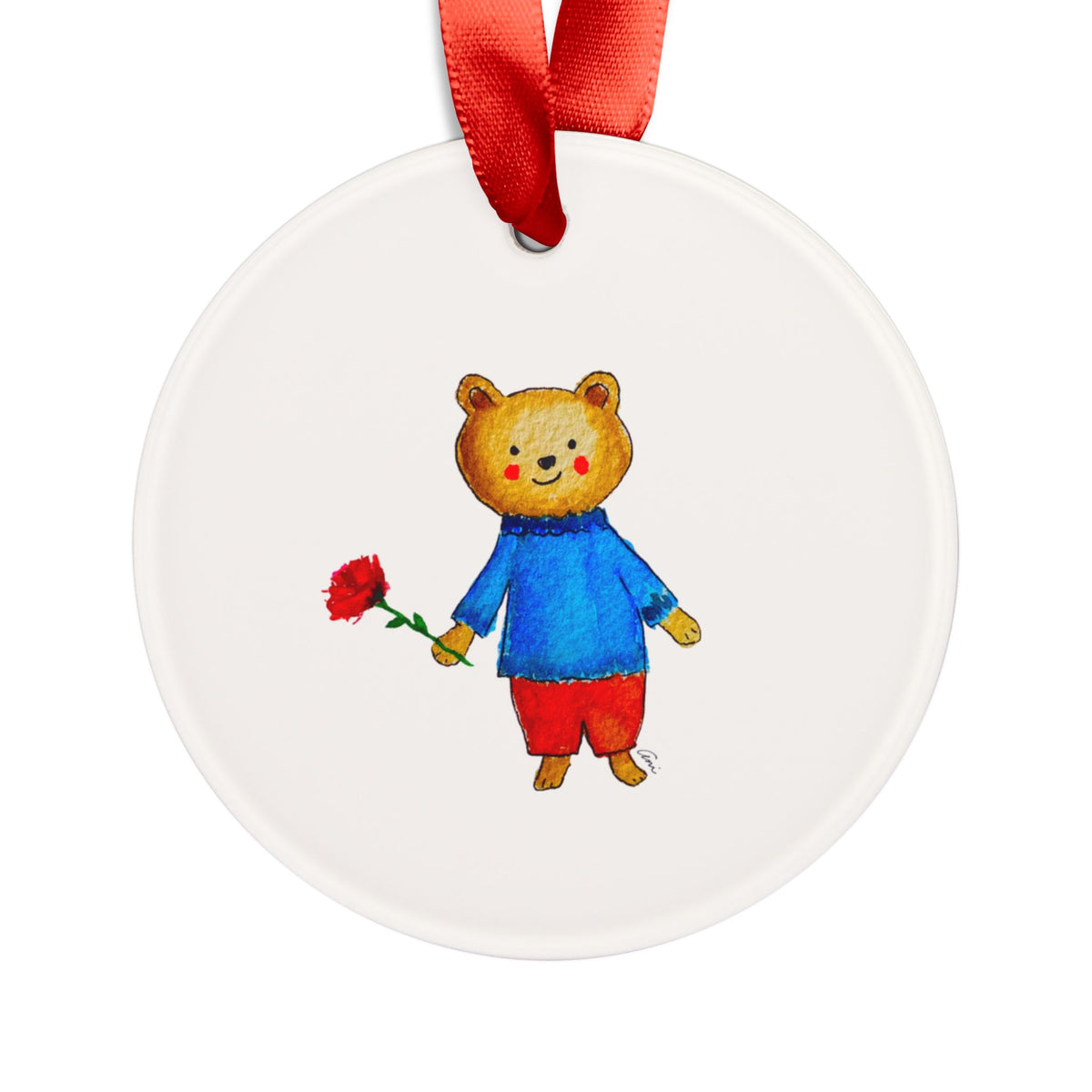 Bear with a Rose Acrylic Ornament with Ribbon