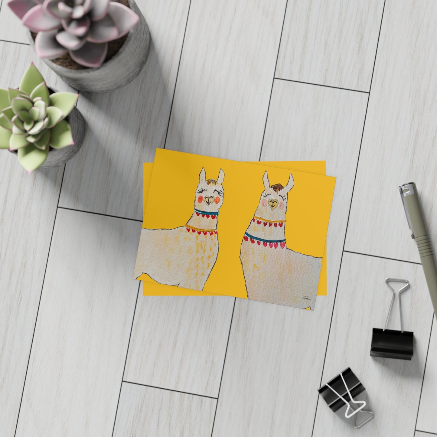 Two Llamas Yellow Postcard Bundles with Envelopes