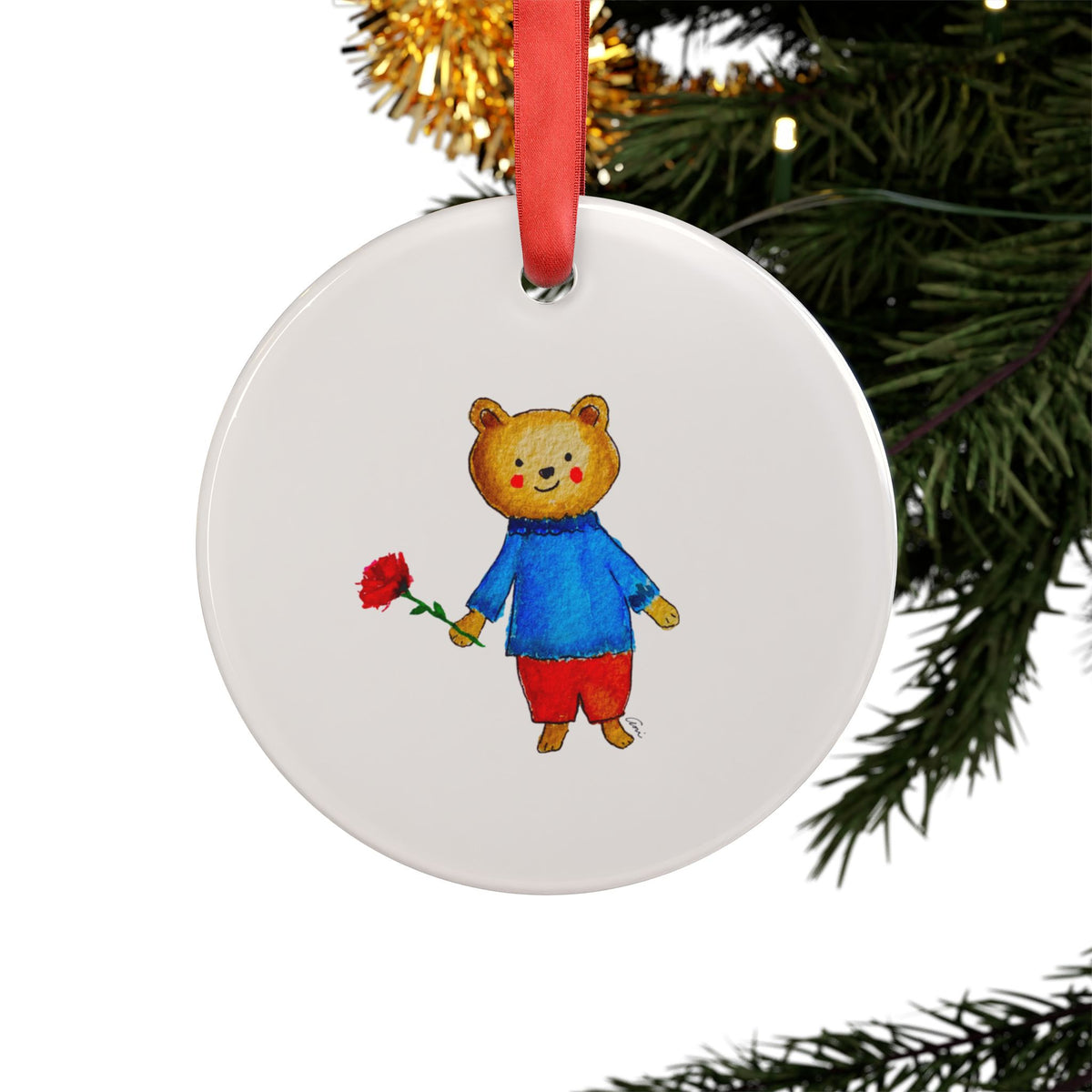 Bear with a Rose Acrylic Ornament with Ribbon