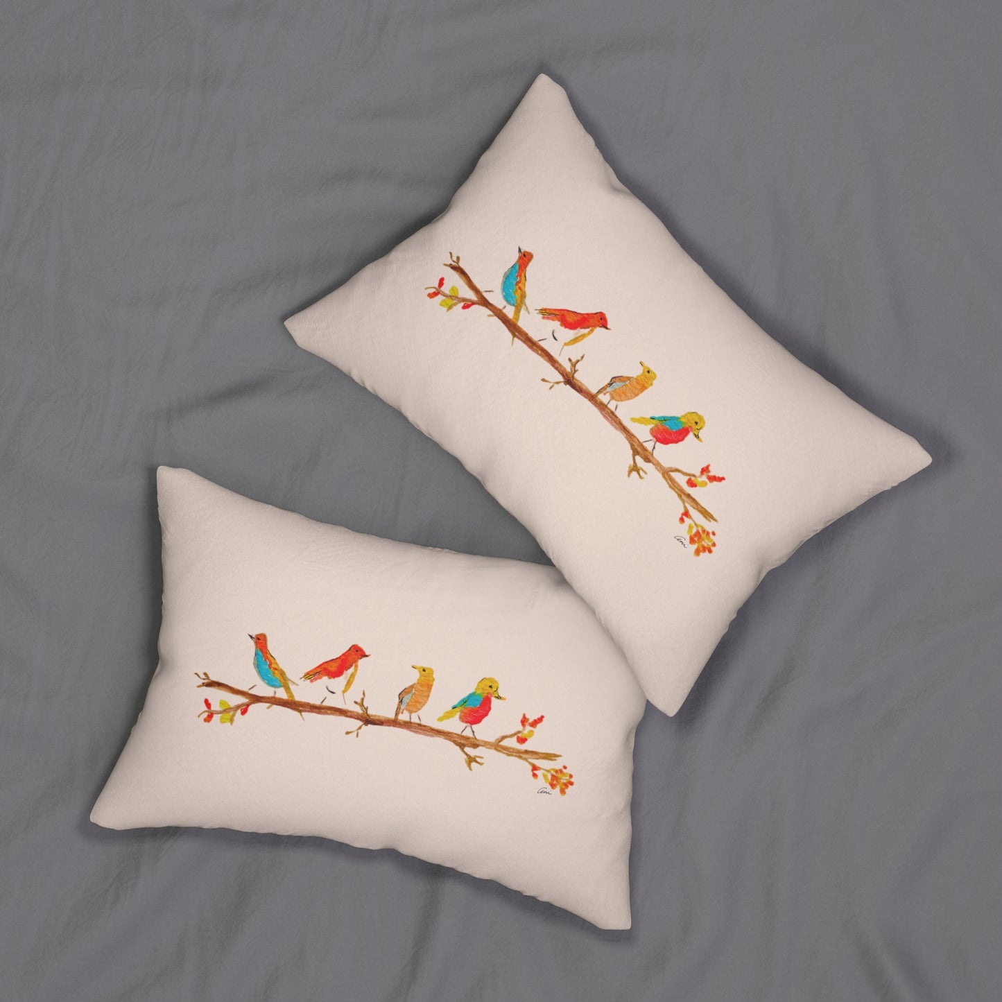 Birds on a Branch Cream Lumbar Pillow
