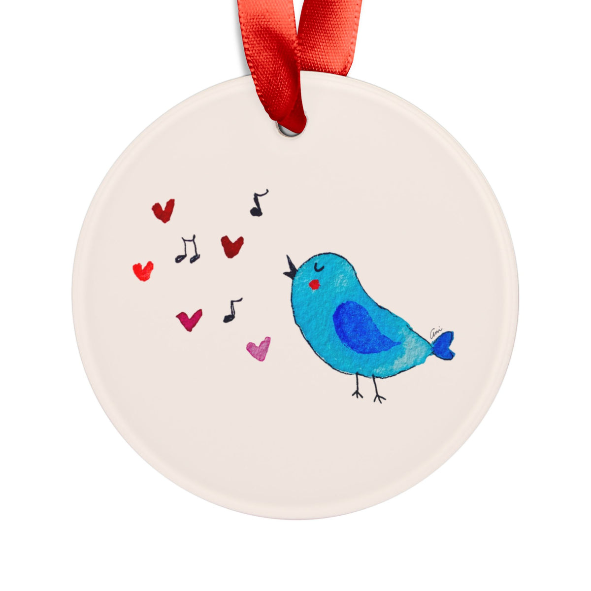 Blue Singing Bird Acrylic Ornament with Ribbon