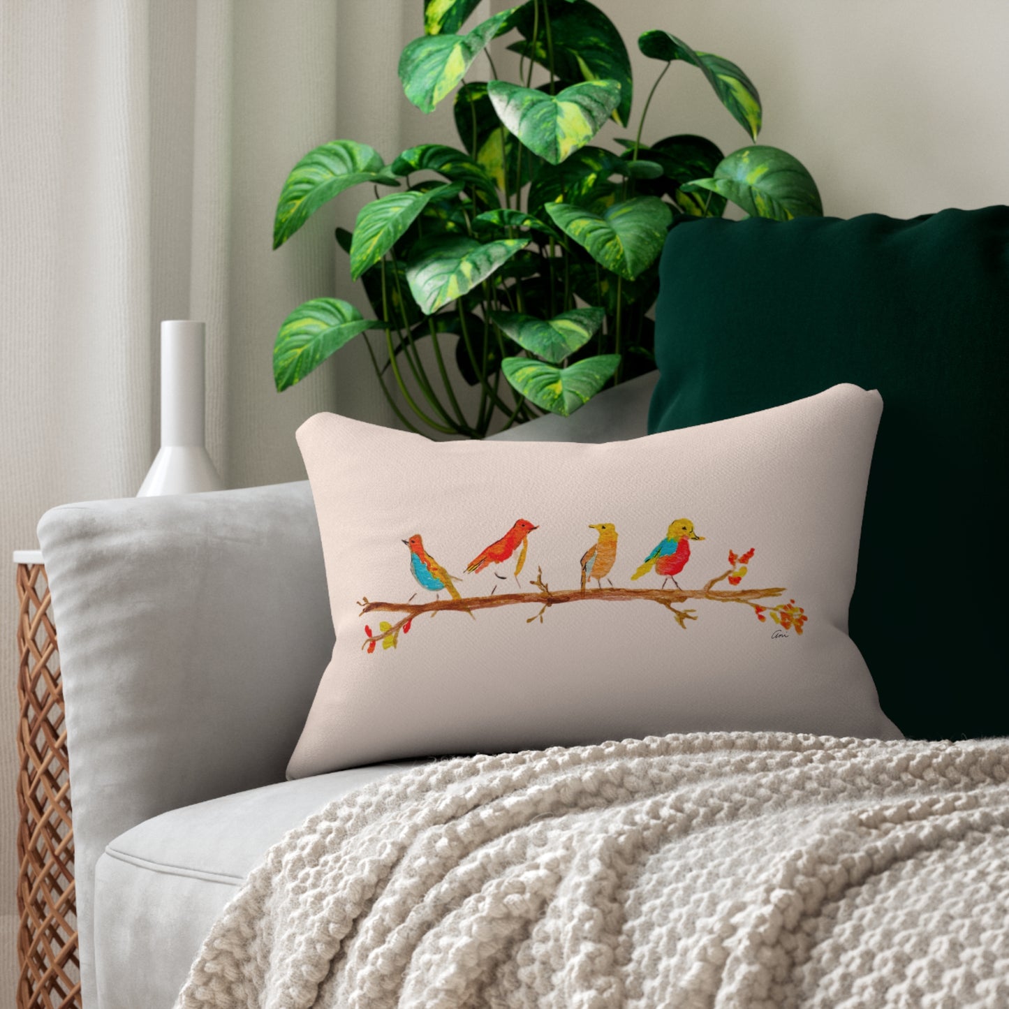 Birds on a Branch Cream Lumbar Pillow