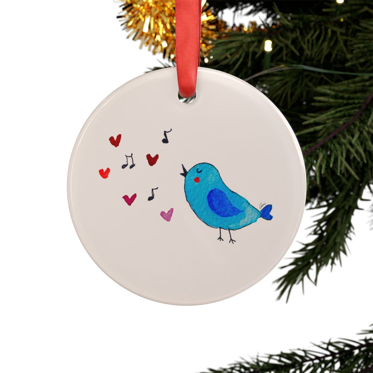 Blue Singing Bird Acrylic Ornament with Ribbon