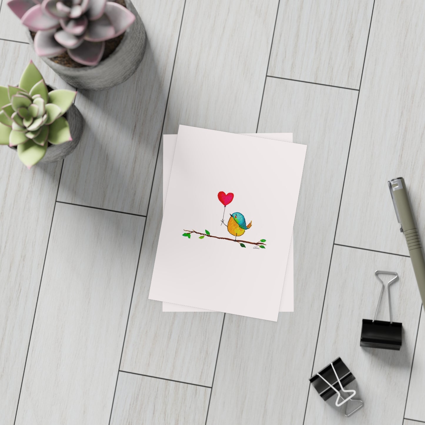 Bird with a Heart Balloon Postcard Bundles with Envelopes