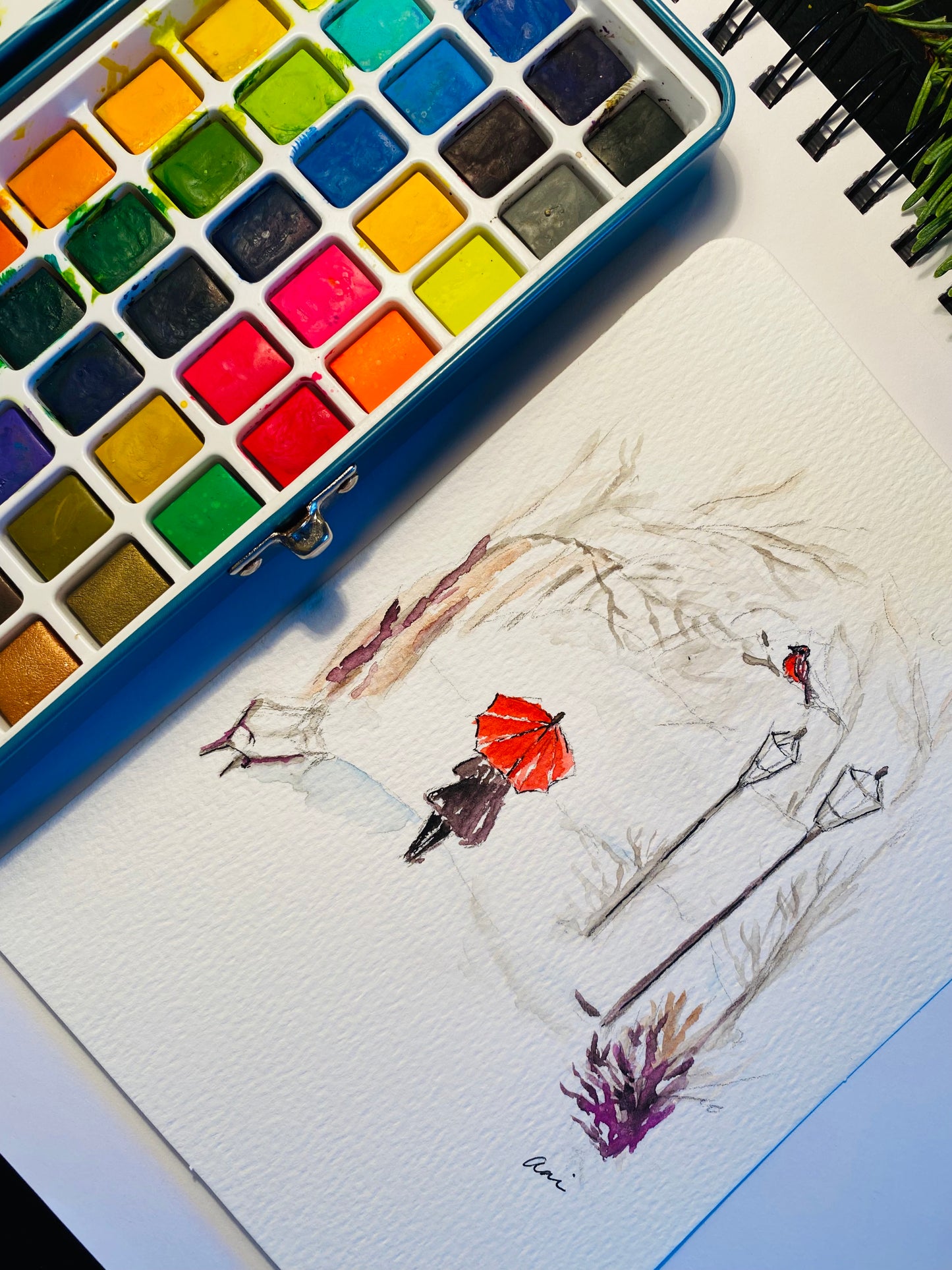 The Red Umbrella Original Watercolor